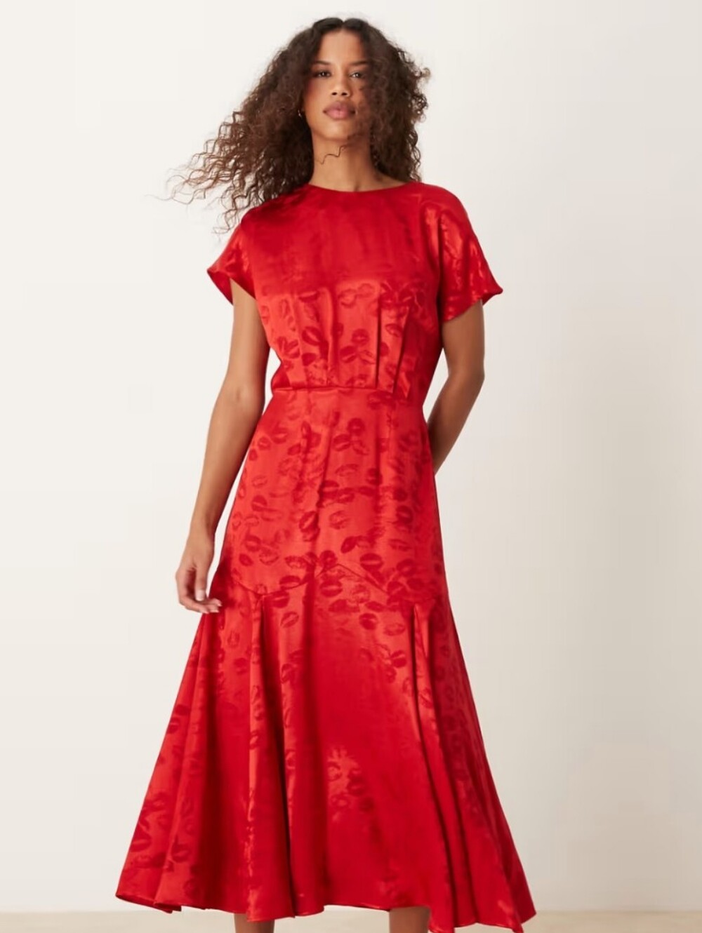 Never Fully Dressed Lip Print Midi Dress: Red: Size- US 4